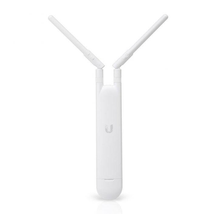 A white outdoor Ubiquiti UniFi access point with two adjustable antennas