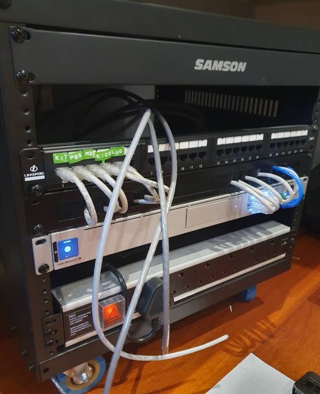 A labelled equipment rack with switches, patch panel and cabling